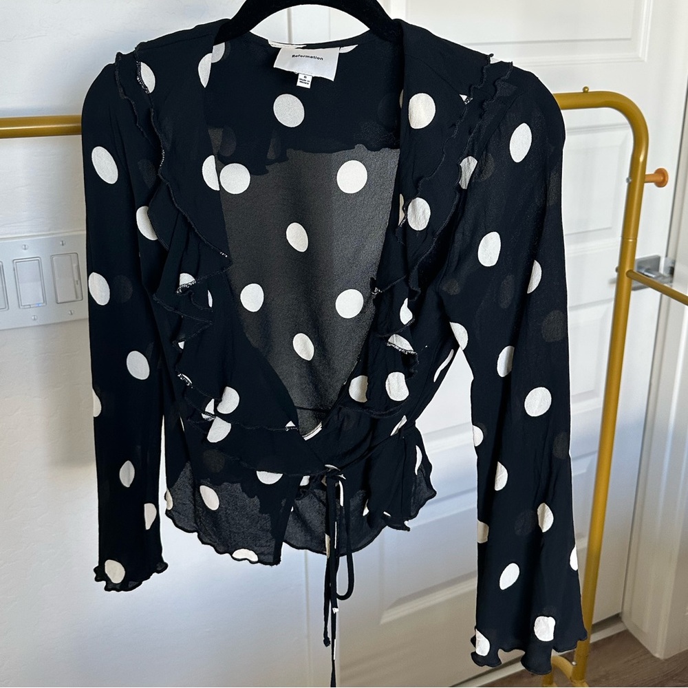 REFORMATION Kilah Polka Dot Georgette Wrap Top - Picture 3 of 5